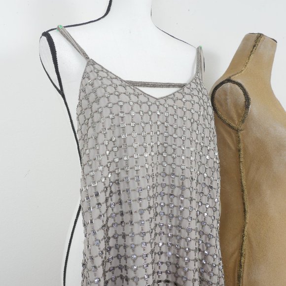 Parker Anthropologie Gray Silver Beaded Art Deco Flapper Size XS Mini Slip Dress - Picture 5 of 10